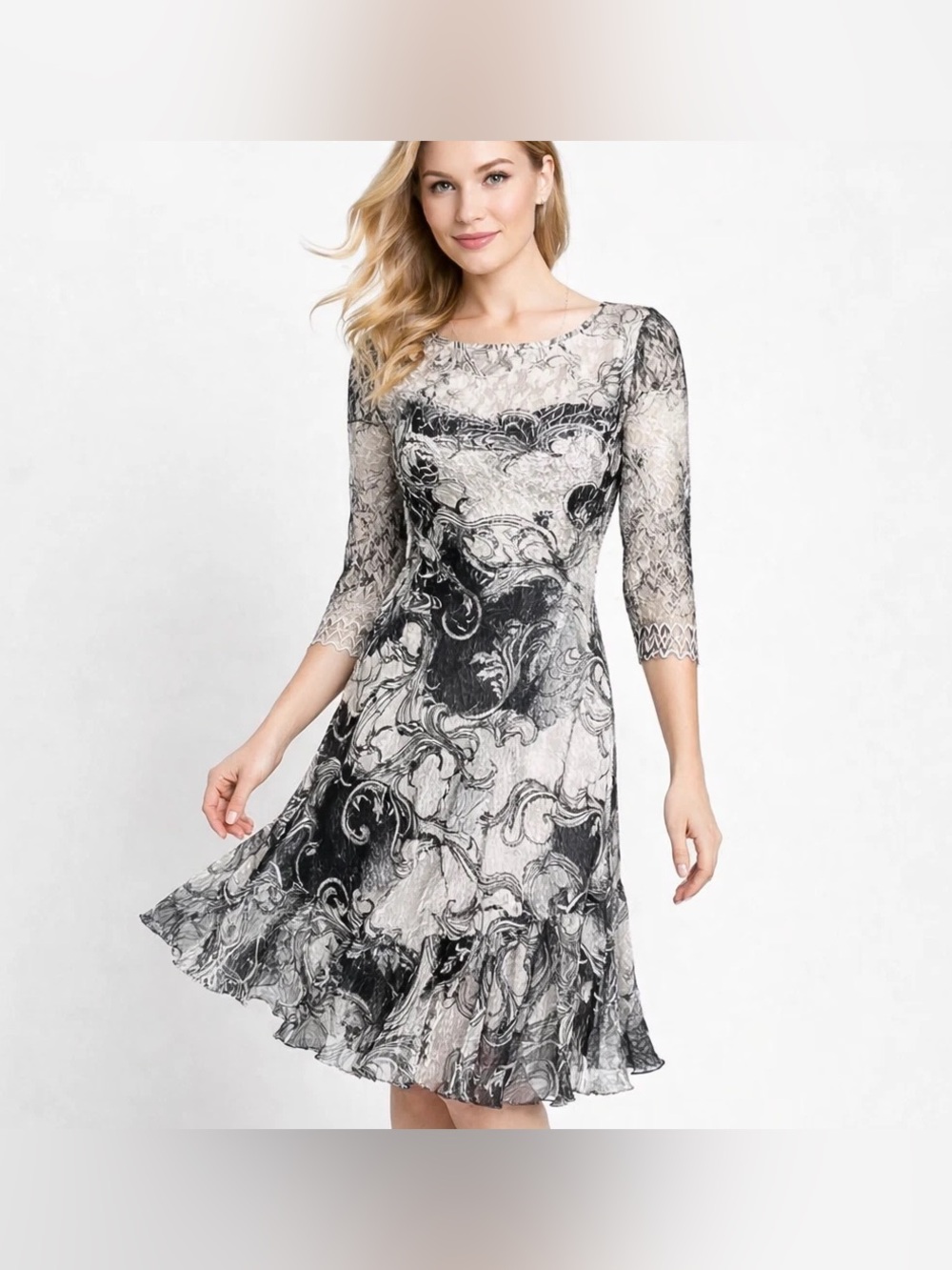 Komorov Paisley Lace Overlay 3/4 Sleeve Dress